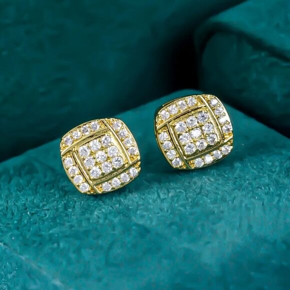 18K Gold Mens 2ct Diamond Square Stud Earrings Guys 18 Karat Silver New Jewelry